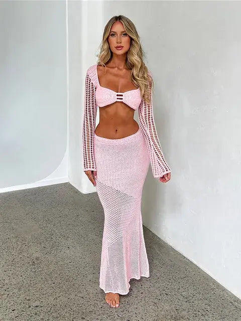 two Piece Skirt Set Hollow Out Crop Top Long Sleeve